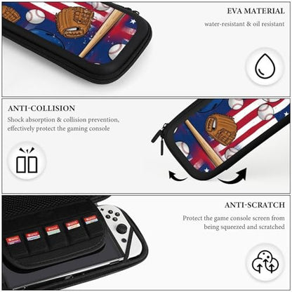 PPIKTC Game Console Storage Bag Compatible with Nintendo Switch, Baseball American Flag Hard Shell Shockproof Travel Carrying Pouch with 15 Game Cartridges - color: Design (201)