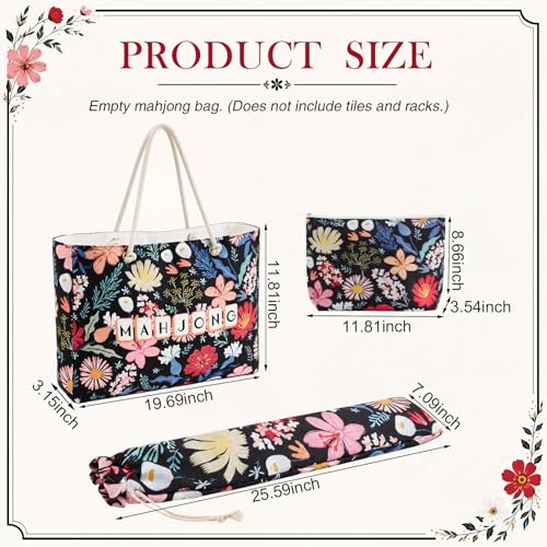 Soulchen 3 Pcs Empty Mahjong Bag Set American Mahjong Buckled and Zippered Carrying Bag with Handle, Tile case and Drawstring Protective Sleeve for Rack Game Travel Accessories Gift (Black Floral) - style: Black Floral