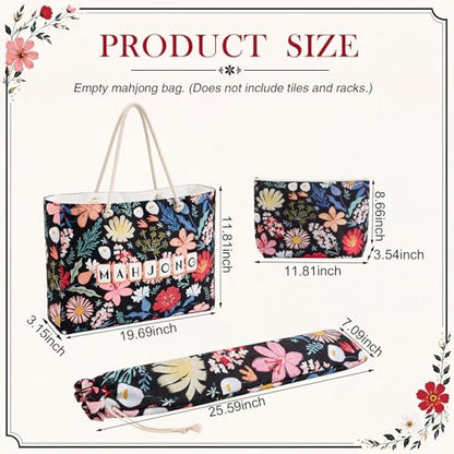 Soulchen 3 Pcs Empty Mahjong Bag Set American Mahjong Buckled and Zippered Carrying Bag with Handle, Tile case and Drawstring Protective Sleeve for Rack Game Travel Accessories Gift (Black Floral) - style: Black Floral