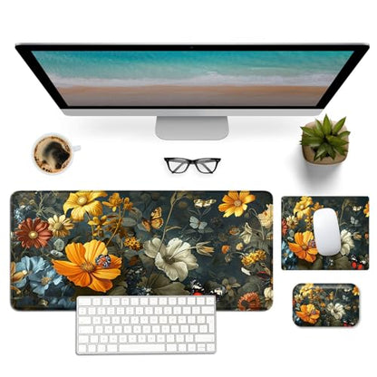 Mouse Pad Desk Mat Ergonomic Wrist Support Pad Set,Mouse Wrist Rest Keyboard Pad with Stitched Edges and Non Slip Base-Flowers Florals Butterflies - color: Flowers Florals Butterflies