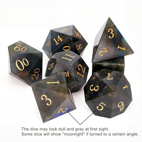 Haxtec Moonstone Dice Labradorite Gemstone Polyhedral DND Dice Set with Premium Dice Case Compatible with Dungeons and Dragons Role Playing Board Games D&D Gift - color: Black Blue Green