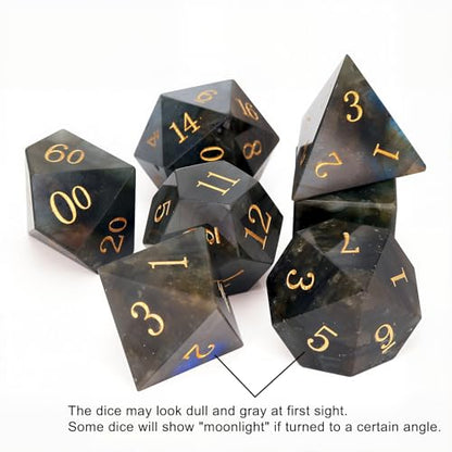Haxtec Moonstone Dice Labradorite Gemstone Polyhedral DND Dice Set with Premium Dice Case Compatible with Dungeons and Dragons Role Playing Board Games D&D Gift - color: Black Blue Green
