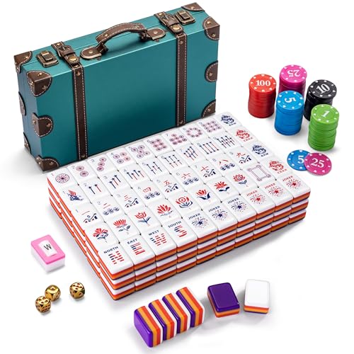 American Mahjong Set, 160 Pcs 4-Layer Colorful Acrylic USA Patriotic Tiles, Complete Kit with 100 Chips, 3 Gold Dice & Vintage Leather Case for Indoor Outdoor Game Gift，Purple - style: American Classic Purple