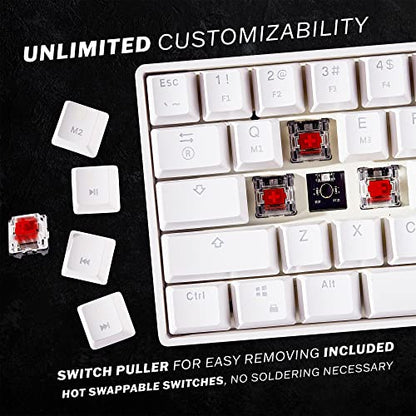 HK Gaming GK61 Mechanical Gaming Keyboard 60 Percent | 61 RGB Rainbow LED Backlit Programmable Keys | USB Wired | for Mac and Windows PC | Hotswap Gateron Optical Red Switches | White - color: White, size: Gateron Optical Red