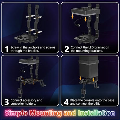 Fosmon Wall Mount for Xbox Series X/S Gaming Console Shelf Kit Stand | Mounted Storage Rack with RGB Ambient Light, Detachable Dual Controller Holder Stand, and Headphone Hanger Accessory Setup