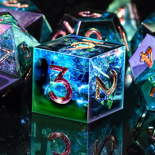 AUSTOR 7-Die DND Dice Set Handmade Sharp Edge Polyhedral Dice for Dungeons and Dragons D&D RPG MTG Table Games（Electroplating Black&Blue,Gold） - color: Electroplating Black&blue,gold