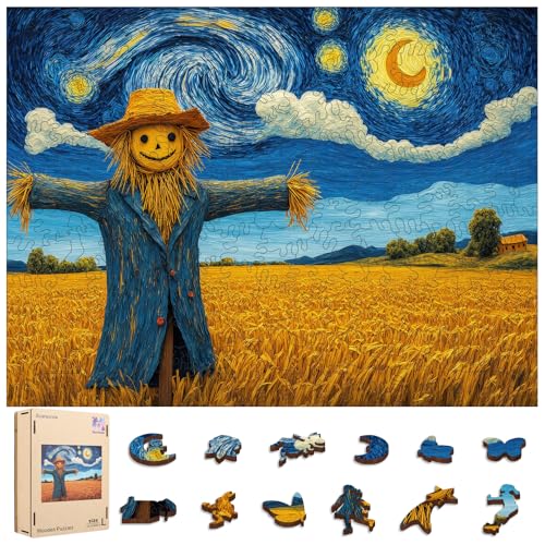 Wooden Puzzles for Adults, 500 Pieces Scarecrow Wooden Puzzles | Starry Night Jigsaw Puzzles for Adults and Kids, Cool Home decor, Birthday Gifts Fun Family Game 14.2 x 18.9 in - color: Scarecrow, size: Large