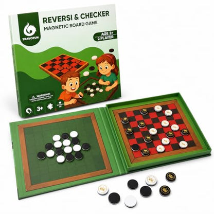2-in-1 Checkers & Reversi Board Game | Magnetic Travel Games for Kids 8-12 | Plane Activities for Kids Ages 8-12 | Foldable Magnetic Checkers & Travel Activities - style: Checkers & Reversi