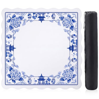 Blue and White Chinoiserie Floral Mahjong Mat 31.5" x 31.5" | Non-slip, Noise Reduction, Gaming Mat with Carrying Bag, Mahjong Table Cover for Poker Board Card Games Dominoes - style: Blue and White