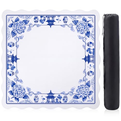Blue and White Chinoiserie Floral Mahjong Mat 31.5" x 31.5" | Non-slip, Noise Reduction, Gaming Mat with Carrying Bag, Mahjong Table Cover for Poker Board Card Games Dominoes - style: Blue and White