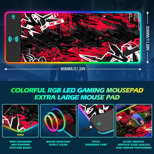 ToLuLu RGB Gaming 5/7.5/10/15W 10 Light Modes Wireless Charging Mouse Pad, LED Mouse Pad Computer Keyboard Mat Mousepad, 800x300x4MM Extended Large Desk Mat for Gaming, MacBook, Laptop, PC,Red Black - color: Red Black