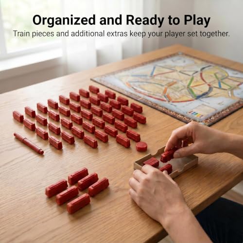 Replacement Train Pieces Compatible with Ticket to Ride (Red) | Includes 45 standard train tokens, one marker and additional spare trains. - color: Red