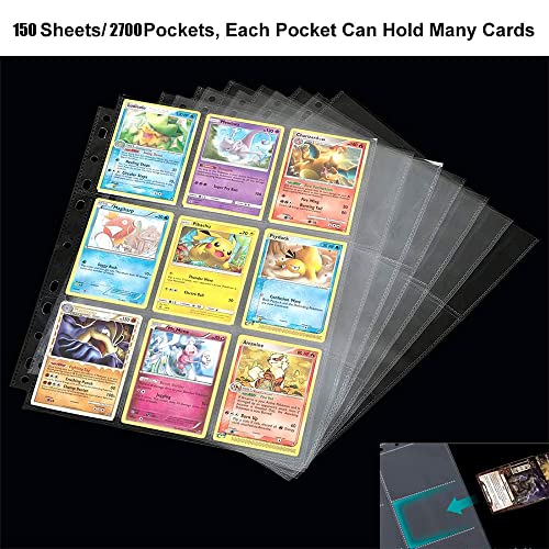2700 Pockets Trading Card Sleeve Pages,150 Pack Double Side 9-Pocket Protectors Card Sleeves Binder Sheets 11 Ring for Standard Size Sport Cards, Baseball Cards, Game Cards (150)
