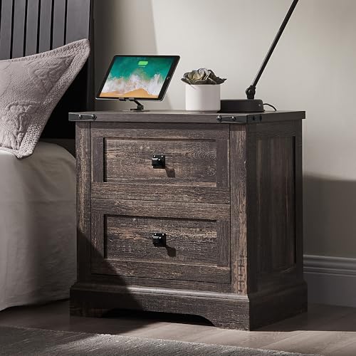 T4TREAM 24" Farmhouse Nightstand with Charging Station, Dark Rustic Oak | End Table, 2 Large Storage Drawers, Rustic Wood Sofa Bedside Table, Bedroom, Living Room - color: Dark Rustic Oak, size: 24"W*15.75"D*24"H