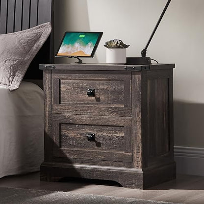T4TREAM 24" Farmhouse Nightstand with Charging Station, Dark Rustic Oak | End Table, 2 Large Storage Drawers, Rustic Wood Sofa Bedside Table, Bedroom, Living Room - color: Dark Rustic Oak, size: 24"W*15.75"D*24"H