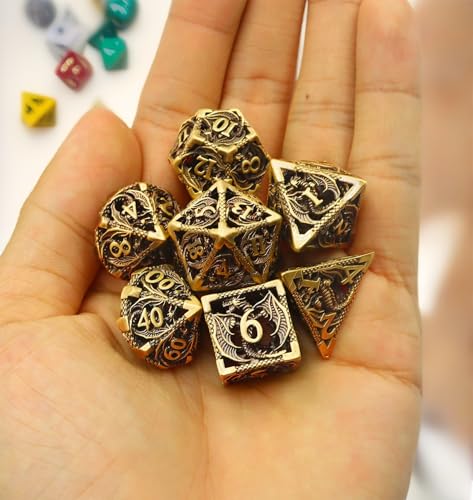 Metal DND Dice Set Dungeons and Dragon Dice Set Hollow Dragon Polyhedral Magic 7 PCS Dice Set with Gift Metal Box for Dungeons and Dragons Table Games Play Cards MTG(Dragon_Ancient Bronze) - color: Dragon_ancient Bronze