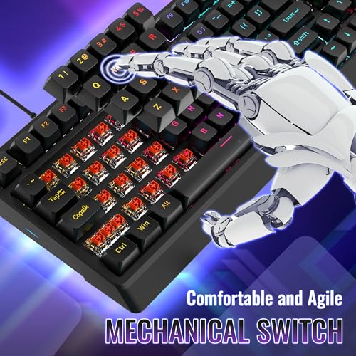 Mechanical Gaming Keyboard with Red Switches: 98 Keys PC Gaming Keyboard with Backlit，Multi-Function Volume & Lighting Knob,Anti-Ghosting Wired USB keybaord for Elite PC/Mac Gamers