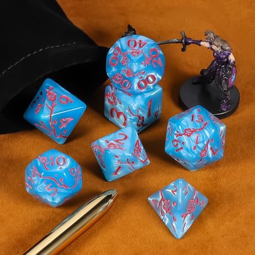 CiaraQ 7pcs Polyhedral Dice Set for Dungeon and Dragons MTG Table Games | Acrylic Role Playing Dice for D&D with Black Velvet Bag – Cyan Blue Pearl with Red Numbers & Plum Blossom Patterns - color: Cyan Blue and Red Floral Dice