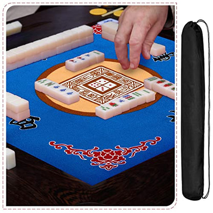 Juexica Mahjong Mat with Carrying Bag, 31.5 x 31.5 Inch Non-Slip Noise-reducing Mahjong Table Cover for Cards, Poker and Tile Games(Blue) - color: Blue