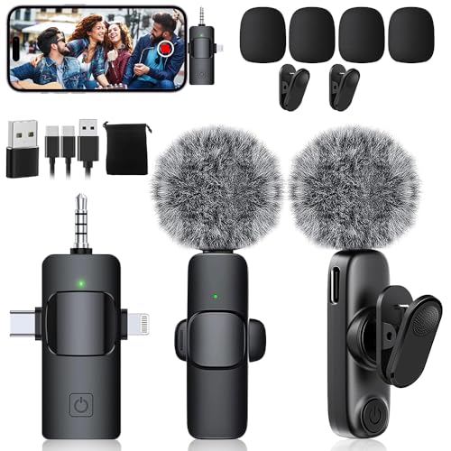 Mini Microphone,3 in 1 Wireless Lavalier Microphones for iPhone/iPad/Android/Camera(Lightning/USB/3.5 mm Jack),2 Pack Bluetooth Microphone with on Mute/Noise for Video Recording Vlog,Youtube,Tiktok - color: Black（3 in 1）