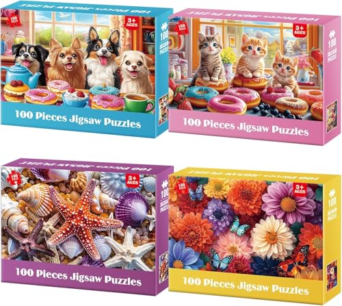 4 Packs 100 Piece Puzzles for Adults Seniors - Dogs Starfish Flower Cats Puzzles for Kids Ages 4-6 6-8 8-10 Year Old Large Piece Puzzle for Kids Learning Educational Toys for Boys and Girls Ages 5-8 - color: Dogs Cats Starfish Flowers