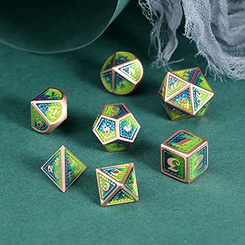 Metal DND Dice Set with Gift Metal Case DNDND 7 PCS Metallic Dungeons and Dragons Die for DND Game (Blue & Green with Matt Copper Edge) - color: Blue & Green With Matt Edge