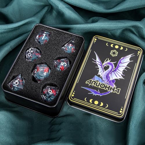 ARUOHHA DND Resin Dice Plum Blossom Liquid Core Dice Silver Blue Sharp Edged Dragons Polyhedral Dice Set with Gift Box, Role Playing Game Dungeons D and D Dice Set D20 D12 D10 D6 D4 - color: Flower&silver Blue
