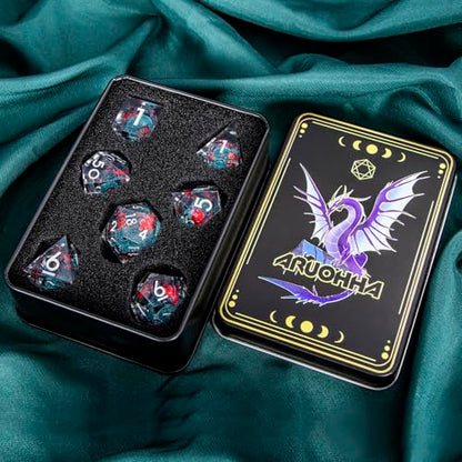 ARUOHHA DND Resin Dice Plum Blossom Liquid Core Dice Silver Blue Sharp Edged Dragons Polyhedral Dice Set with Gift Box, Role Playing Game Dungeons D and D Dice Set D20 D12 D10 D6 D4 - color: Flower&silver Blue