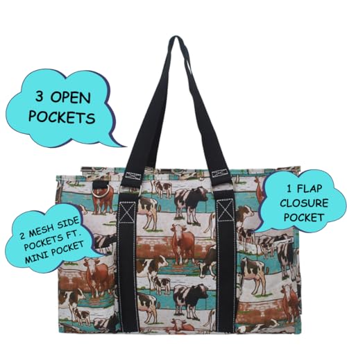 NGIL Utility Water Resistant Tote Bag | Work Tote for Women, Nurse Bag, Teacher's Choice Purse, Gym Bag, Everyday Organizer Top Zipper Closure - color: Country Cow-black