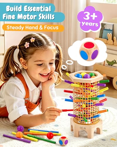 Easy-Setup Wooden Stick Montessori Tower Game for Kids 3-8 | Flexible 544-Hole Layout, Shaped No-Slip Slots, 42 Color Rods, 12 Balls, Storage Bag Included, Family Night, Ideal Gift