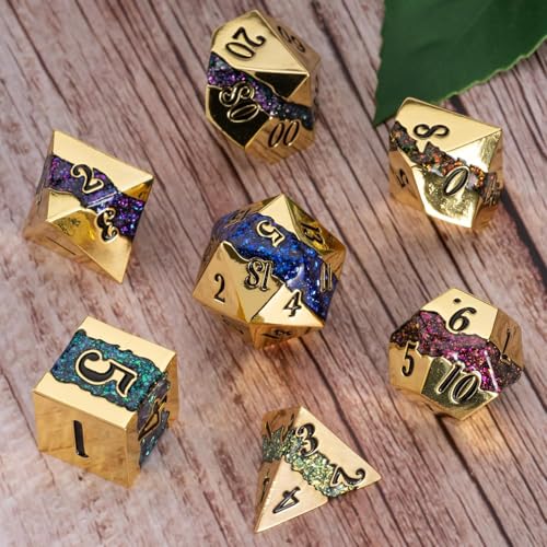 Galaxy Metal Dice Set, 7PCS Polyhedral DND Dice with Glitter Resin Inlay, Heavy Metal RPG Dice for Dungeons and Dragons Tabletop Games - color: Imitation Gold Seven Colors