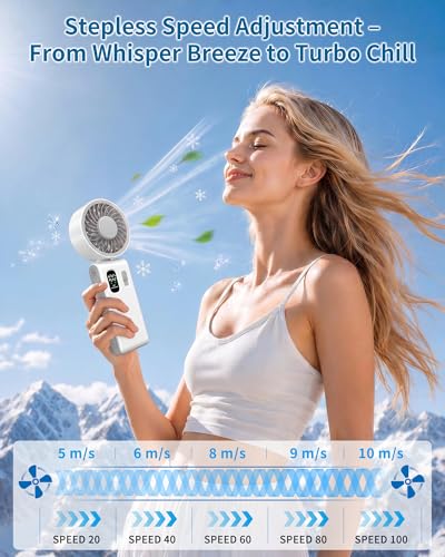 Portable Handheld Fan with Ice Cooling, 100 Speed Rechargeable Mini Desk Fan, Up to 12Hrs Cooling, Powerful Folding Personal Fan for Travel, Camping, Office (White) - color: White