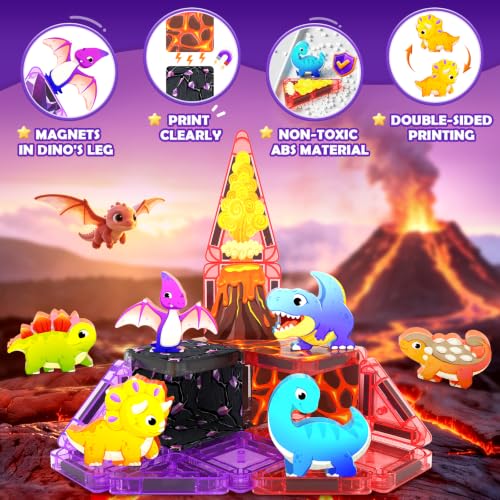 Mini Magnetic Tiles Dinosaur Volcano Set, Magnetic Blocks with 6 Dinosaurs | Road Trip Essentials for Car & Airplane Magnet Tiles STEM Construction Building Toys, Gifts & Toys for Boys Girls Ages 3-12 - size: Dinosaur Set