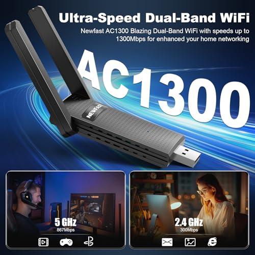 NEWFAST AC1300 USB WiFi Adapter for Desktop PC U327, 2.4G/5G Dual Band Wireless Network Transceiver Adapter with Dual Antennas, Wireless WiFi Adapter Dongle Compatible Windows 8/8.1/10/11