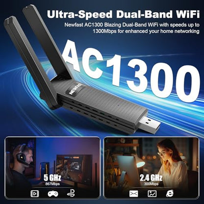 NEWFAST AC1300 USB WiFi Adapter for Desktop PC U327, 2.4G/5G Dual Band Wireless Network Transceiver Adapter with Dual Antennas, Wireless WiFi Adapter Dongle Compatible Windows 8/8.1/10/11