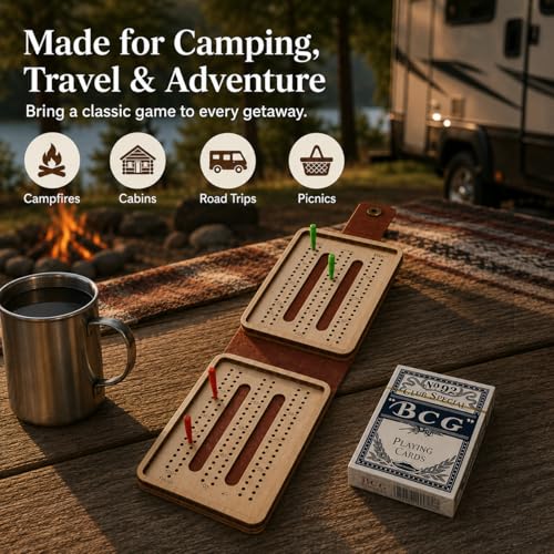 Portable Cribbage Board Set, Premium Leather Foldable Cribbage Game with Playing Card & Pegs, Pocket Size for Camping, Travel, Adventures & Unique Gift for Father's Day, Christmas & Cribbage Lovers
