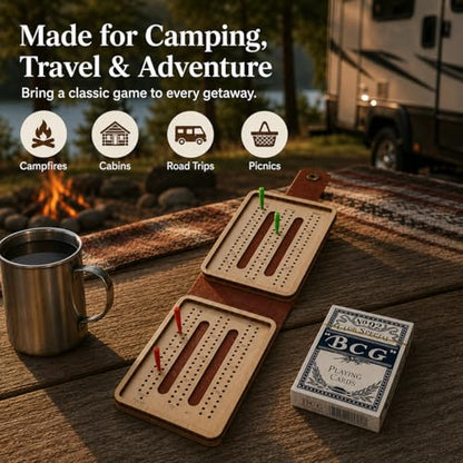 Portable Cribbage Board Set, Premium Leather Foldable Cribbage Game with Playing Card & Pegs, Pocket Size for Camping, Travel, Adventures & Unique Gift for Father's Day, Christmas & Cribbage Lovers