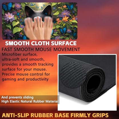 Desk Pad, Cute Black Cat Desk Mat, Cat Among Butterfly Flowers Large Gaming Mouse Pad for Desk, 31.5"x15.7" Extended Big Computer Keyboard Mouse Pad with Non-Slip Base and Stitched Edge - color: Cute Black Cat