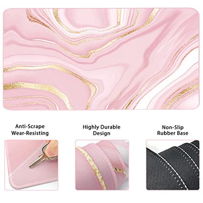 4-in-1 Gaming Mouse Pad Wrist Support Set，Desk Pad + Mouse Pad with Wrist Rest + Keyboard Wrist Rest + Coaster, Ergonomic Design for Home Office Study Game - Pink Fluid - color: 4 Pcs Pink Marble