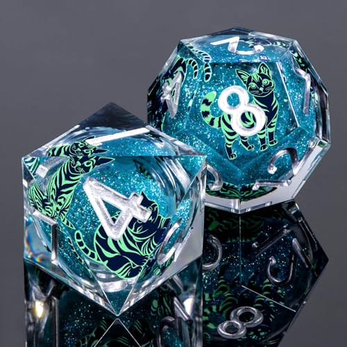 KERWELLSI Cat Liquid Core DND Dice Set with Gift Box, 7Pcs Resin Dungeons Sharp Edge D&D Dice, Dragons D and D Role Playing Dice D20 D12 D10 D8 D6 D4, Blue and Light Green Cat - color: Blue and Light Green Cat