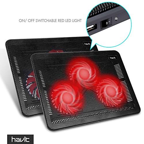 Havit HV-F2056 15.6-17 Inch Laptop Cooler Cooling Pad - Slim Portable USB Powered (3 Fans) (Black+Red) - color: Black+Red