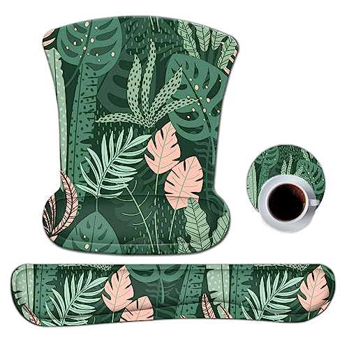 AIMSA Wrist Rest Support Mouse Pad Ergonomic, Memory Foam Keyboard Wrist Rest Set Non-Slip Easy Typing and Relieve Wrist Pain Mouse Mat for Computer Office - Pink Green Leaves - color: Pink Green Leaves