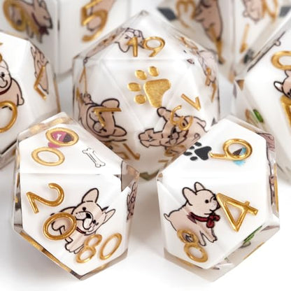 DND Dice Set 7-Pcs, Sharp Edge Cute Dog Style Resin Dice Polyhedral Resin Sharp Edge Dice for Roleplaying Games Dungeons and Dragons RPG MTG Table Games（Golden Retriever） - color: White, style: French Bulldog