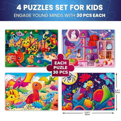 30 Pieces Puzzles for Kids Ages 3-5 – 4 Jigsaw Toddler Puzzles Ages 4-6 | Glow-in-The-Dark Dinosaur and Animals Learning - Educational Jigsaw Puzzle for Ages Kids 4-8 Years Old - color: Dinosaur & Animals