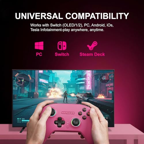 Playnex Wireless Game Controller with Charging Dock, TMR Anti-Drift Joysticks, Dual-Mode Hall Triggers, 1000Hz Polling, RGB, 2.4G/Bluetooth/USB Gamepad for PC/Nintendo Switch/Switch 2/Lite/OLED - color: Pink with Charging Dock
