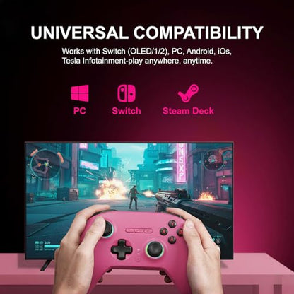 Playnex Wireless Game Controller with Charging Dock, TMR Anti-Drift Joysticks, Dual-Mode Hall Triggers, 1000Hz Polling, RGB, 2.4G/Bluetooth/USB Gamepad for PC/Nintendo Switch/Switch 2/Lite/OLED - color: Pink with Charging Dock