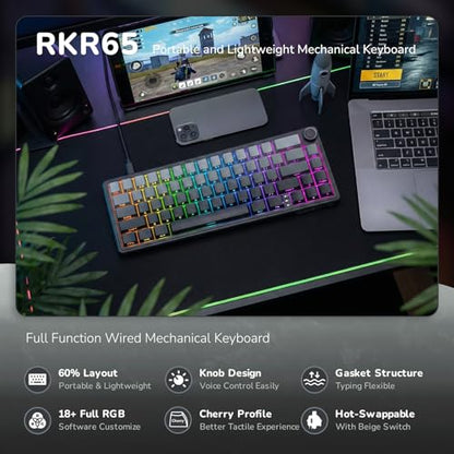 RK ROYAL KLUDGE R65 Wired Gaming Keyboard with Volume Knob, 60% Percent RGB Backlit Mechanical Keyboard, Side Printed PBT Keycaps, QMK/VIA, 66 Keys Hot Swappable Beige Switch, Gradient Black - color: Gradient Black