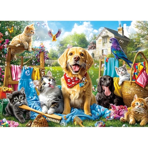 Laundry Day Pets 1000 Piece Jigsaw Puzzle for Adults Colorful Garden Scene with Dogs, Cats and Birds Jigsaw Puzzles, Family & Adult Games for Game Night - color: Colorful-laundry Day Pets