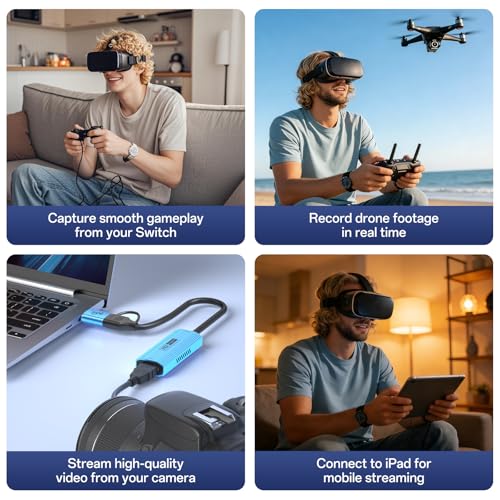 Video Capture Card with 100W PD Fast Charging, 4K 60Hz Input to 1080P 60FPS, HDMI to USB C/A, Best for Switch2/1 Steam Deck PS5 iPad & Quest 3, Pro OBS Streaming