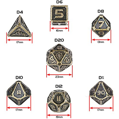 ENHANCE DND Metal Dice Set - 7pc Polyhedral Dice with Storage Case and Drawstring Bag - Solid Metal Set for Dungeons and Dragons, Pathfinder, More RPGs (Ancient Bronze) - color: Ancient Bronze